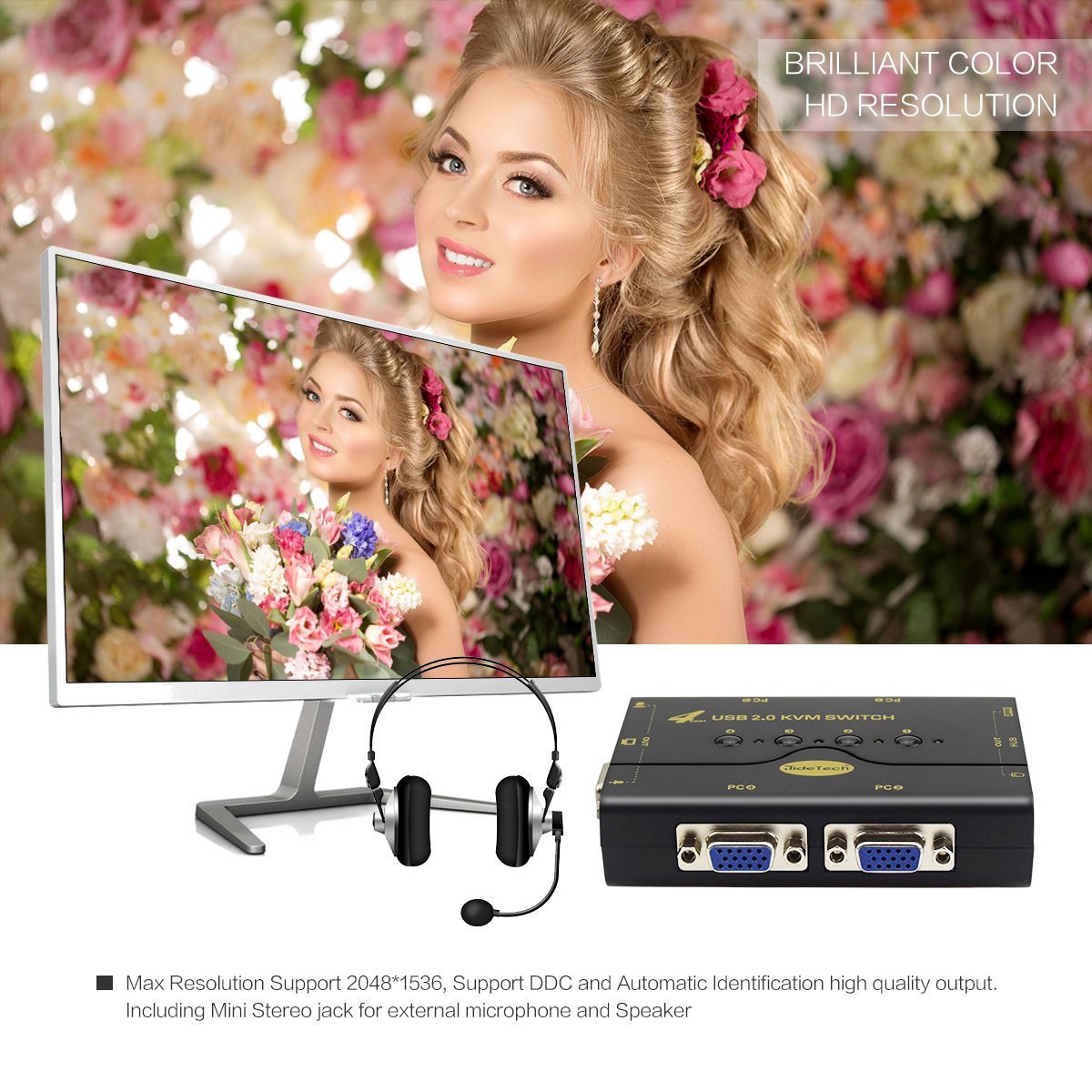 4 Port VGA KVM Switch with USB Hub and Audio Support Wireless Keyboard Mouse Connection and Push Button Switching Function