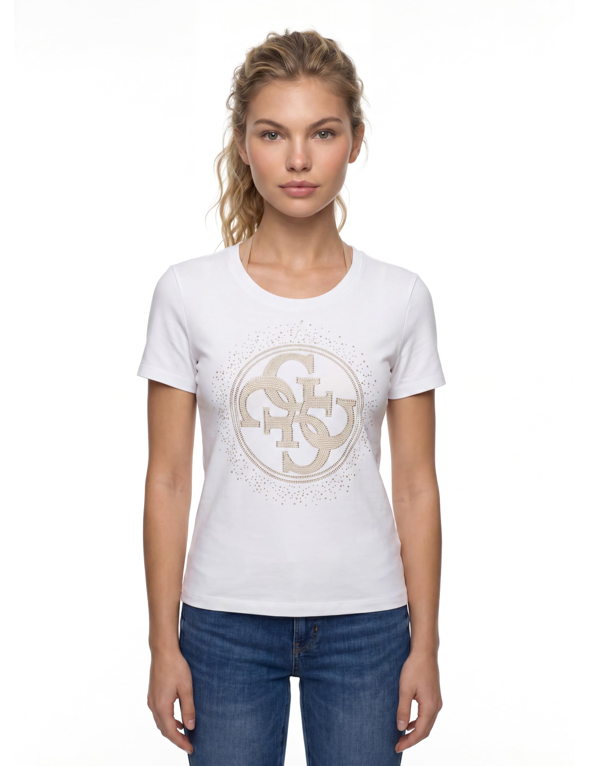 Guess Damen T-Shirt Round Crystals Logo T