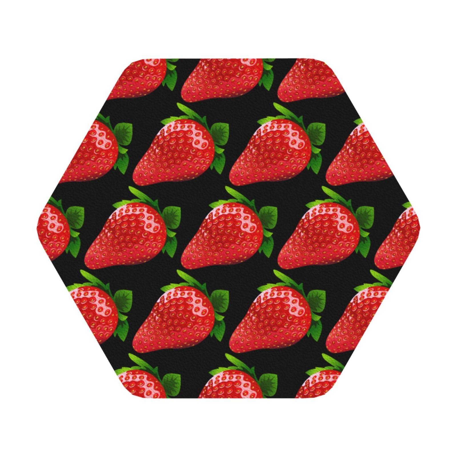 strawberry clipart PU Leather Coasters Set of 6 Hexagon Drink Coasters