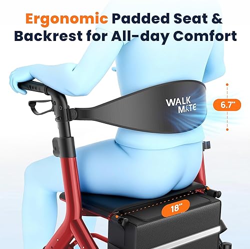 Miniatura 5 de WALK MATE Andador con ruedas para personas mayores de 5.3 a 7 pies de altura, asiento ajustable en altura, cable integrado, ruedas de 10 pulgadas