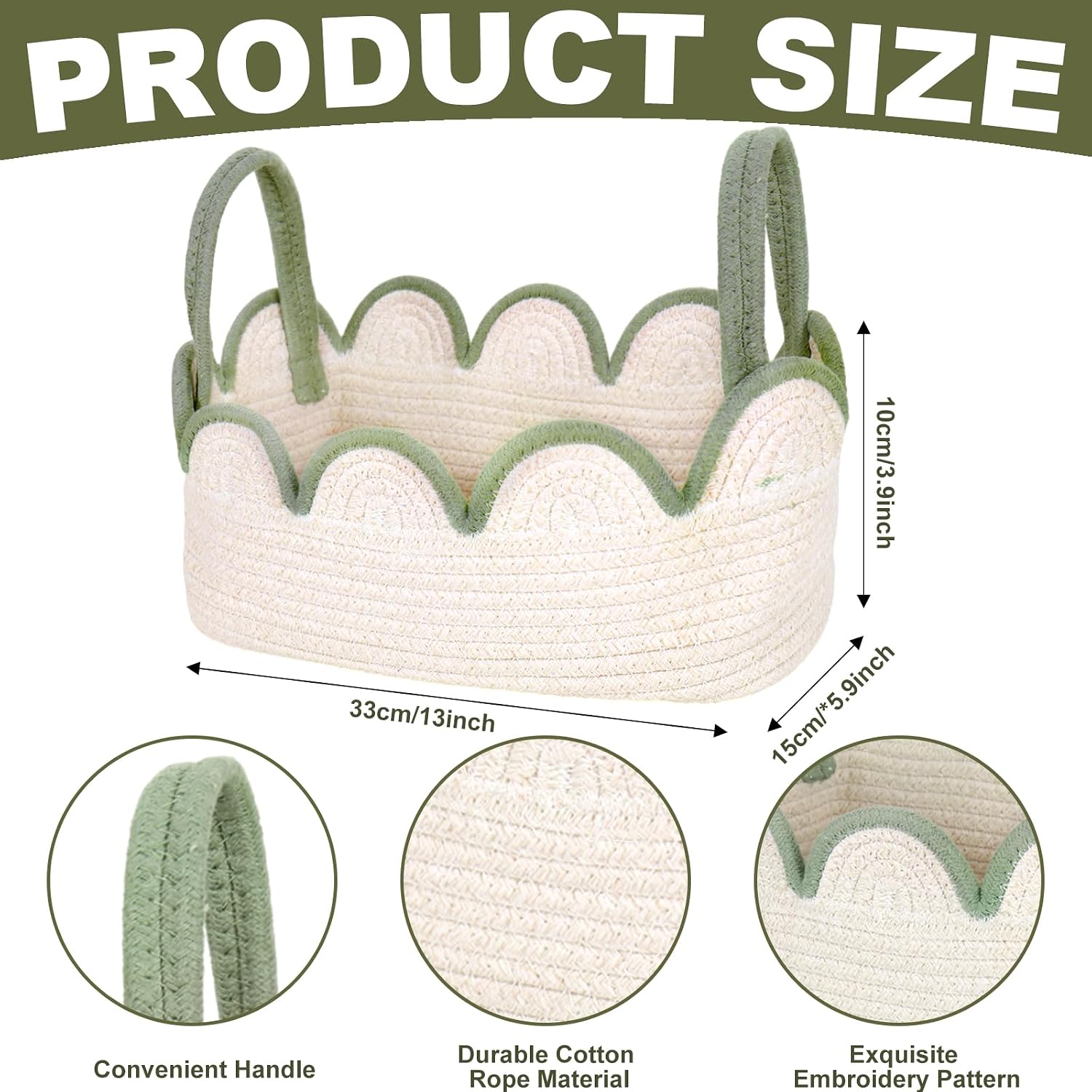 JarThenaAMCS Scalloped Cotton Rope Storage Basket for Toilet Tank Top Sage Green White Woven Decorative Toilet Paper Basket for Bathroom Restroom Counter Toiletries & Roll Tissue Storage