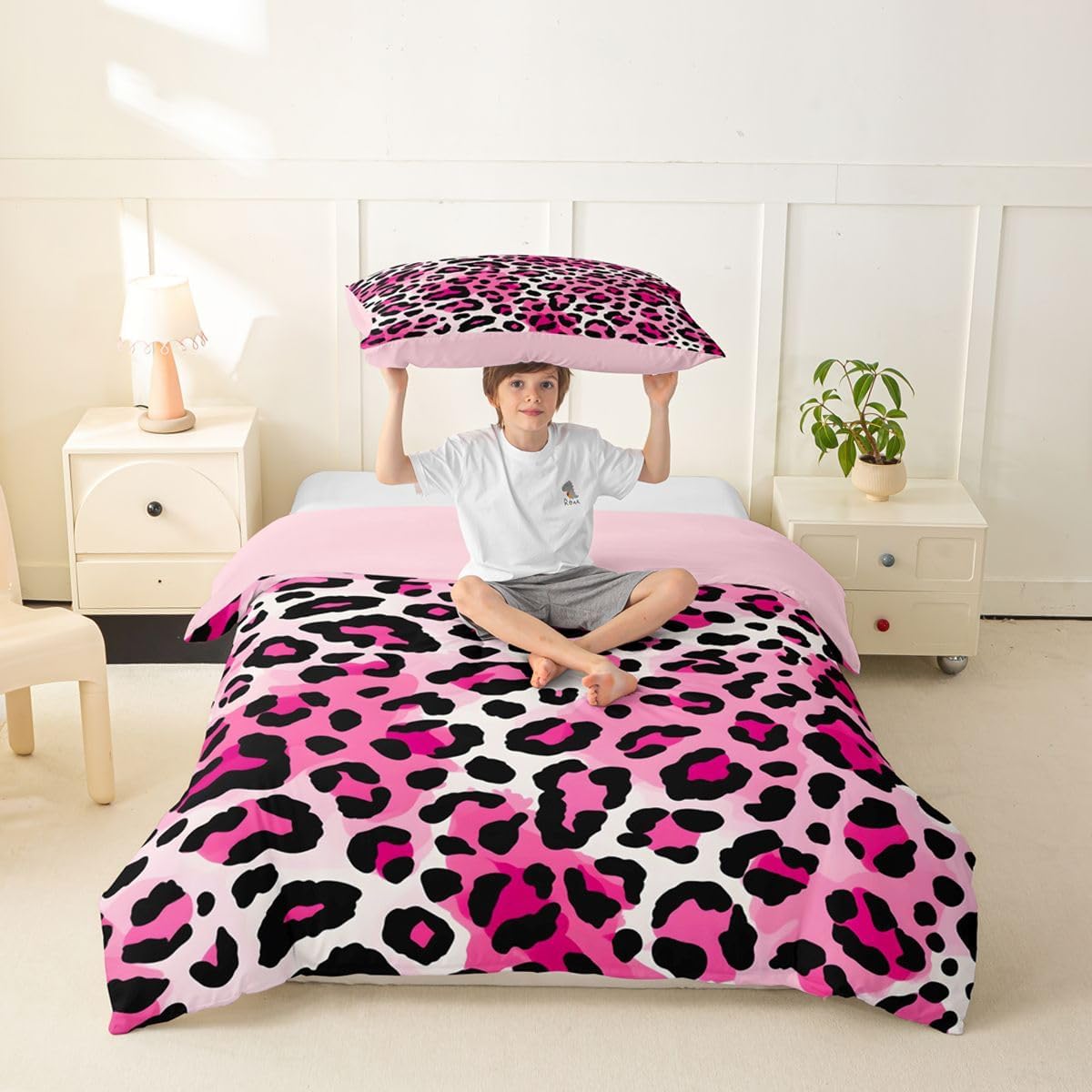 Erosebridal Ombre Leopard Print Toddler Bedding Set Aesthetics Cheetah Duvet Cover Pink Black Gradient Animal Skin Comforter Cover for Kids Boys Girls,Abstract Wildlife Fur Theme Bed Set
