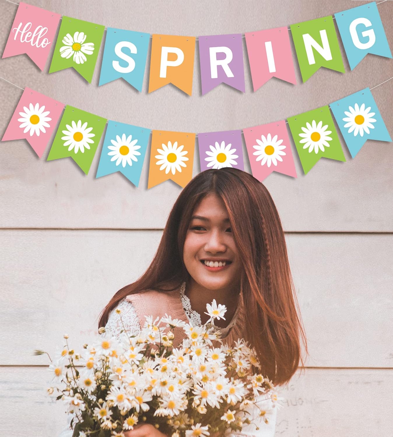 PTFNY Hello Spring Banner Colorful Spring Bunting Banner Flower Pattern Hanging Banner Garland Spring Easter Party Decorations for Indoor Outdoor Wall Mantle Fireplace Spring Break Celebration
