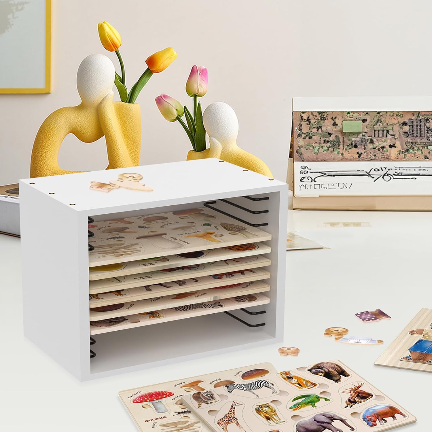 Puzzle Storage Case, Puzzle Holder Storage, Puzzles Shelf Holds Ten 11.81 inch Children's Puzzle Boards, Kids Puzzles Storage for Small Puzzle Board Storages(White)