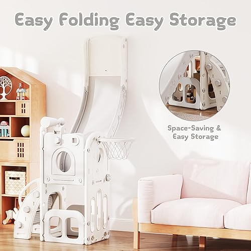 Miniatura 6 de Tobogán 6 en 1 para niños de 1 a 3 años, para interiores y exteriores, con aro de baloncesto, almacenamiento, escalador y telescopio, tobogán en