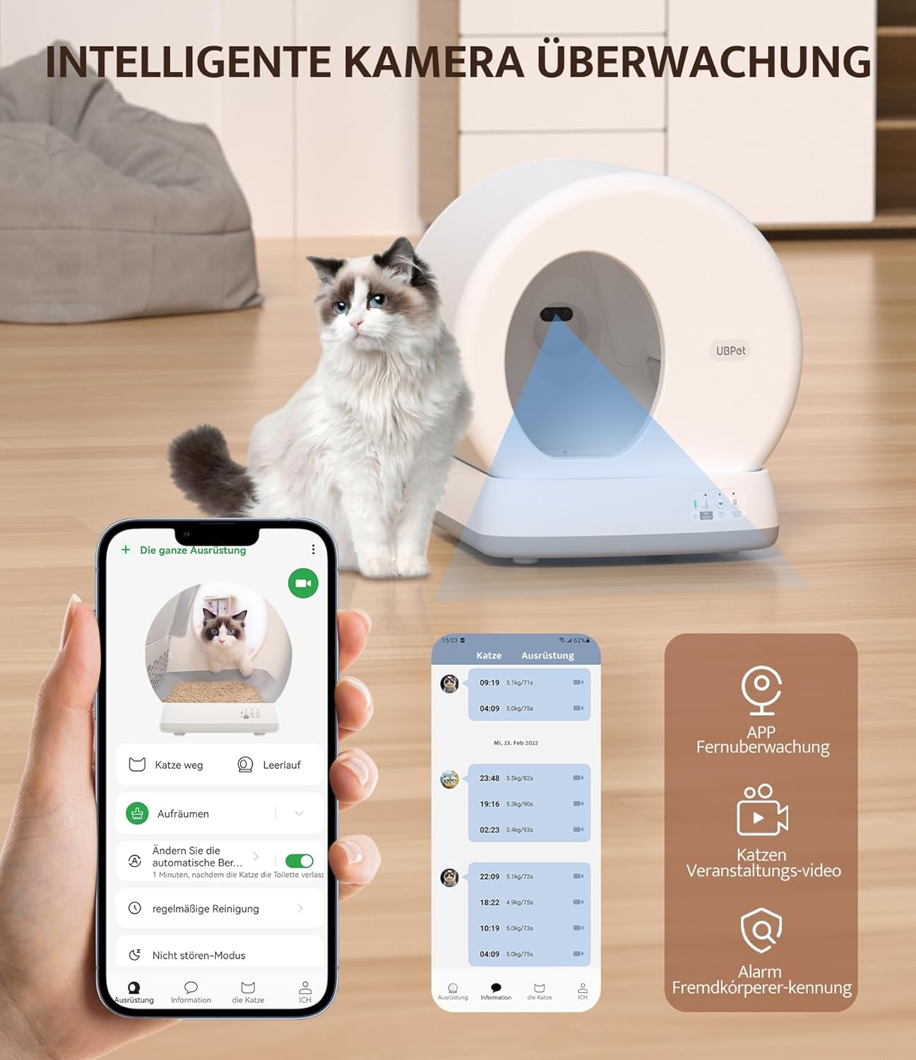 Smartphone displaying UBPET app with real-time camera view of cat litter box