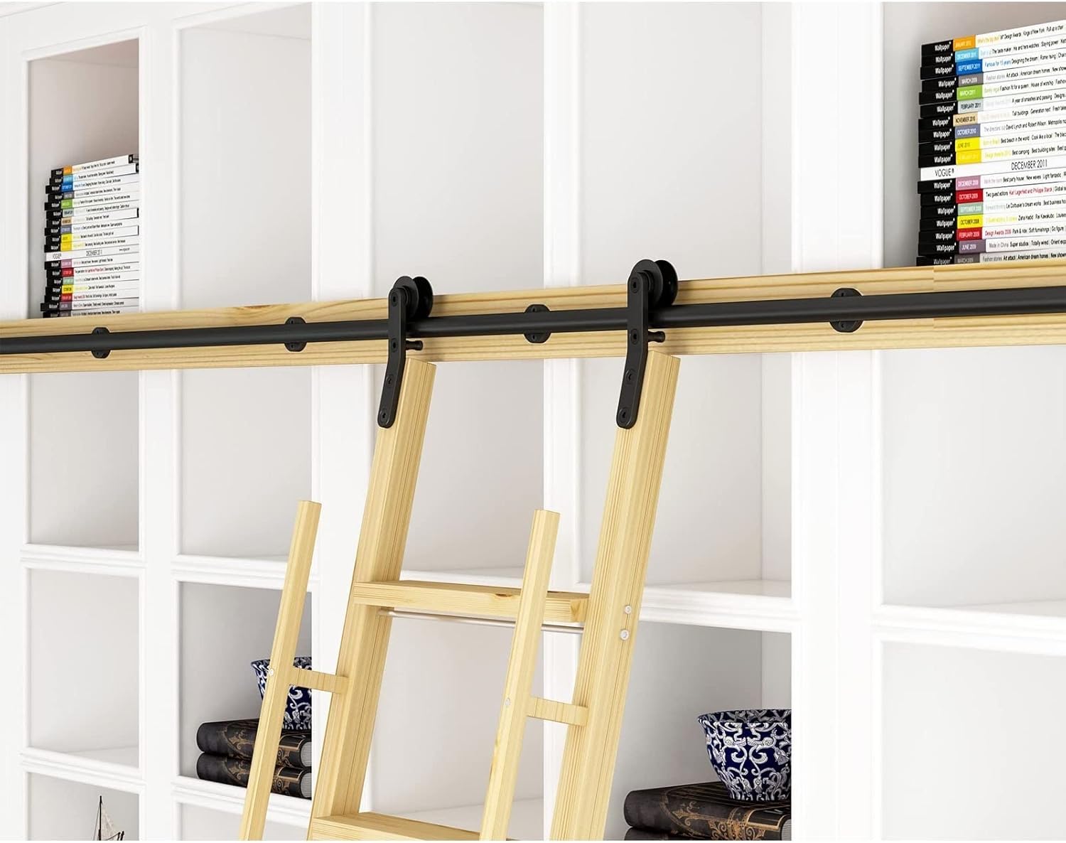 Rolling Library Sliding Ladder Hardware Kit - Carbon Steel Sliding Ladder Rail Hardware Accessories (with Floor Rollers), No Ladder, Smooth and Quiet Sliding, Easy to Install