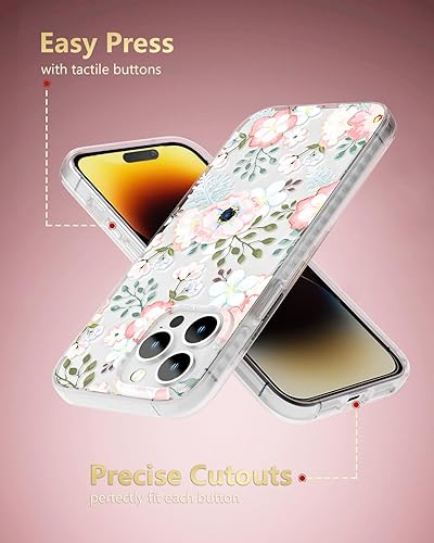 Miniatura 8 de SCORPIFY Funda para iPhone 14 Pro Max con diseño floral rosa blanca y rosa, bonita funda transparente para teléfono para mujeres y niñas protección