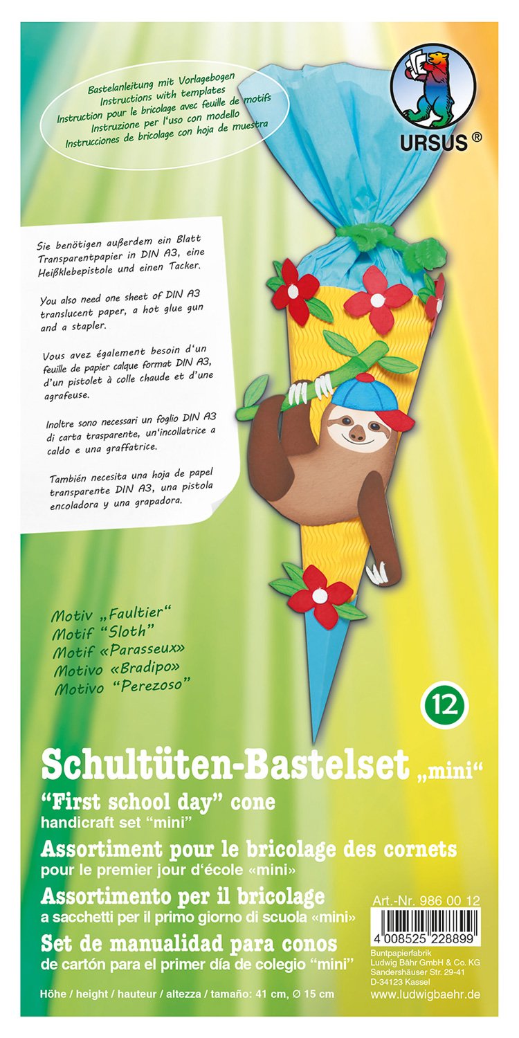Ursus 9860012 School Cone Mini Hexagonal Sloth Craft Set Height Approx. 41 cm Diameter Approx. 15 cm Includes Craft Instructions and Template Sheet For Self-Crafting Ideal for School