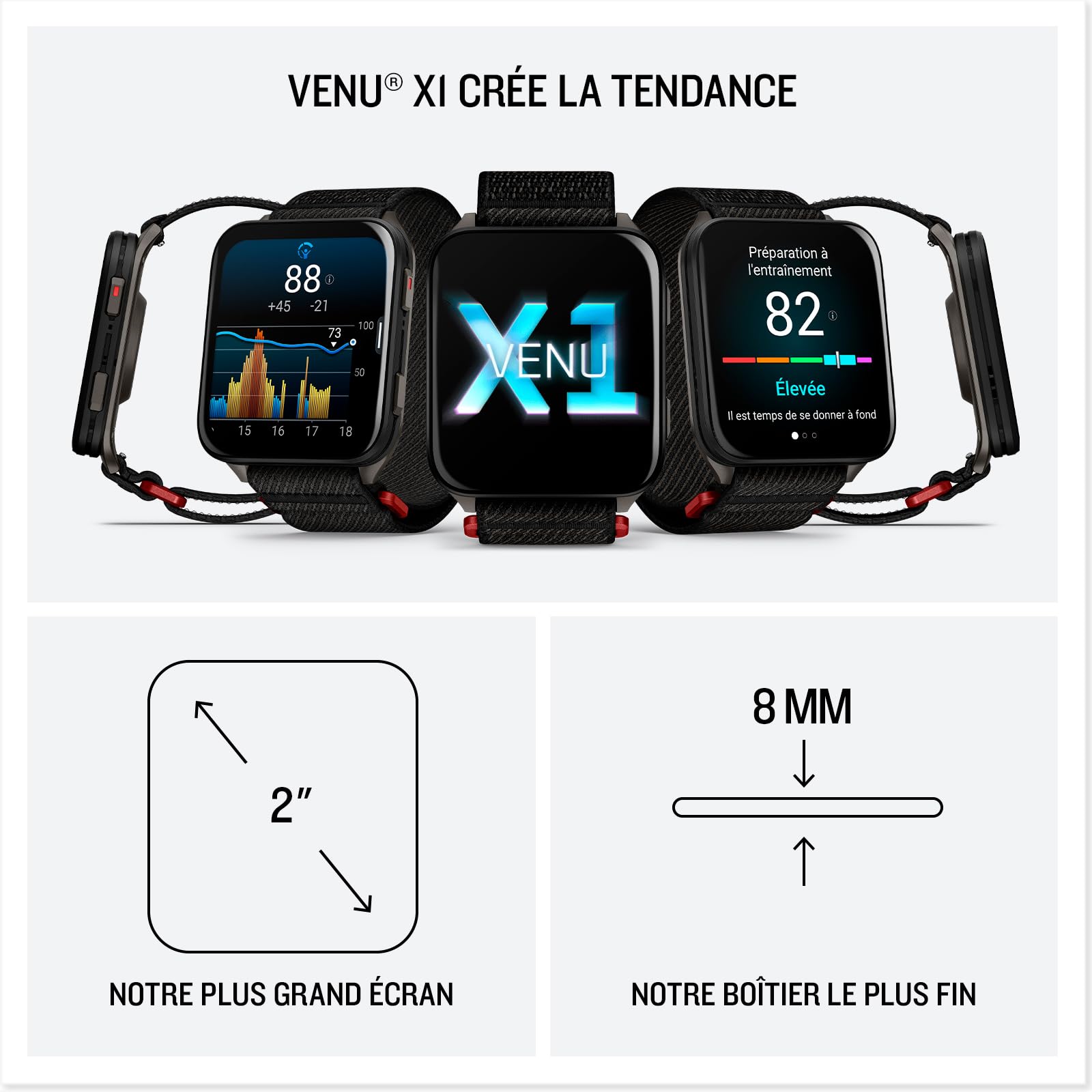 Garmin Venu X1 Montre connectée GPS écran AMOLED 2″ Boîtier Ultra Fin 8 mm Bracelet Nylon ComfortFit Vert Mousse