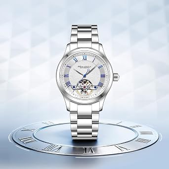 SEA-GULL Men's Automatic Mechanical Watch, Skeleton Dial with Flywheel, Stainless Steel Business Wristwatch, Sapphire Glass, 1090