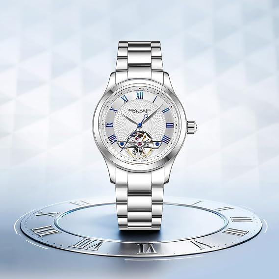 SEA-GULL Men's Automatic Mechanical Watch, Skeleton Dial with Flywheel, Stainless Steel Business Wristwatch, Sapphire Glass, 1090