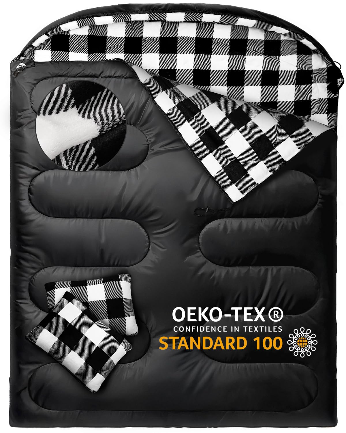 MEREZA Double Sleeping Bag for Adults Mens with Pillow, XL Queen Size Two Person Sleeping Bag for All Season Camping Hiking Backpacking 2 Person Sleeping Bags for Cold Weather Warm
