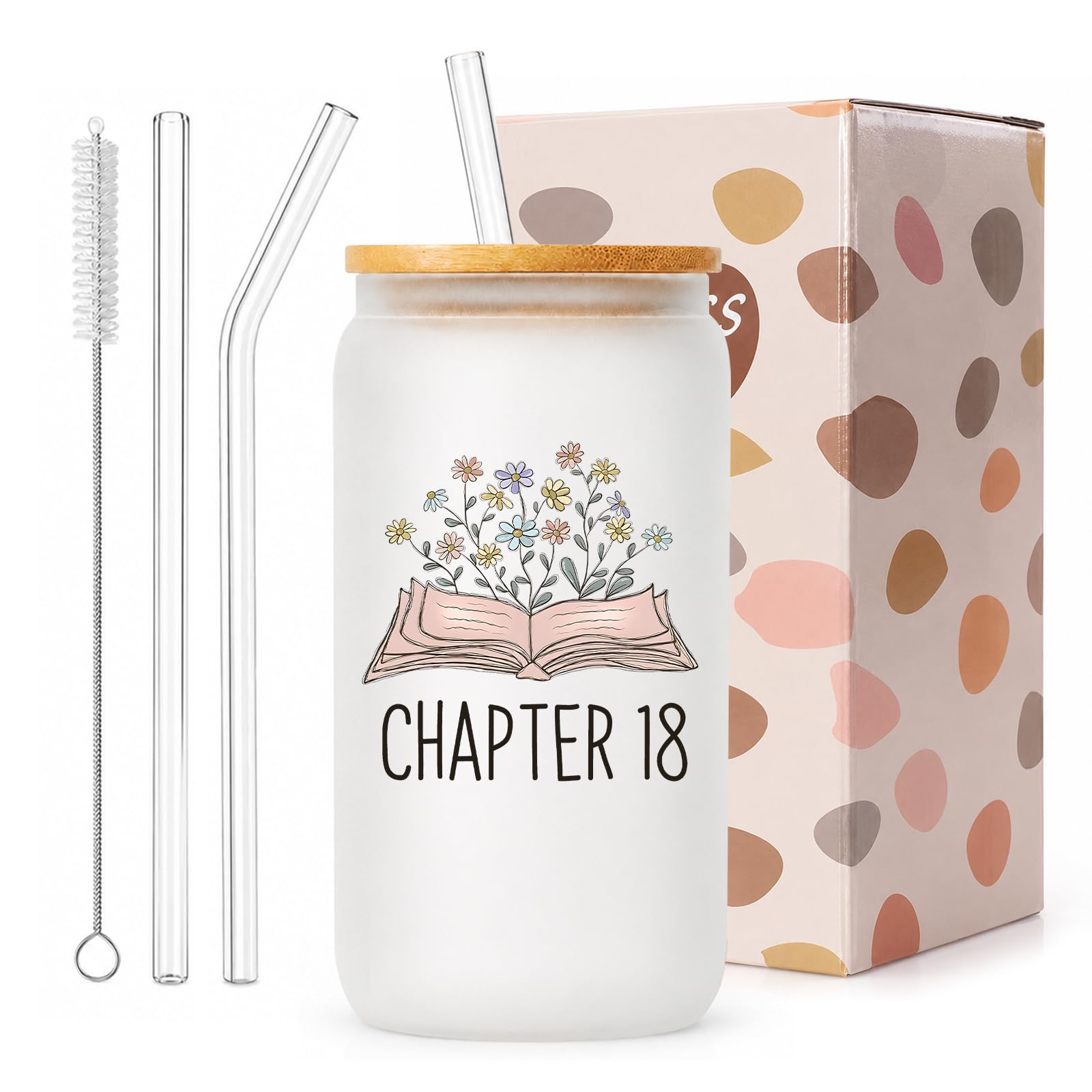 exylosluxek Chapter 18 Frosted Glass Drinking Cup Gift Set, Special 18th Birthday Gifts, with Bamboo Lid, Two Glass Straws, Cup Brush and Gift Box