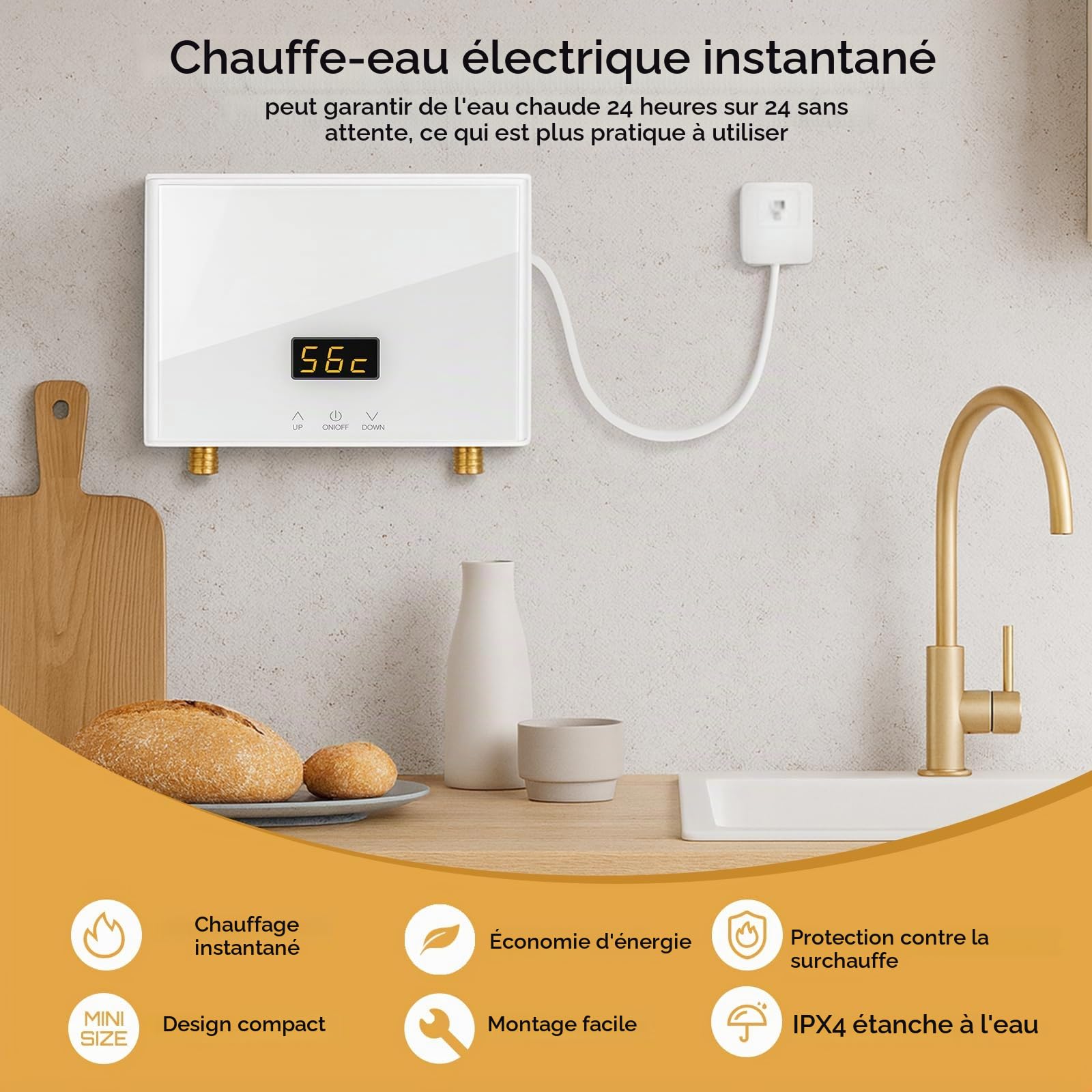 Mini Chauffe Eau Instantané Electrique, Chauffe-Eau Instantané 3kW chauffe eau sous evier avec affichage de la température LCD et Télécommande, Petit Chauffeau Électriques avec Écran Tactile