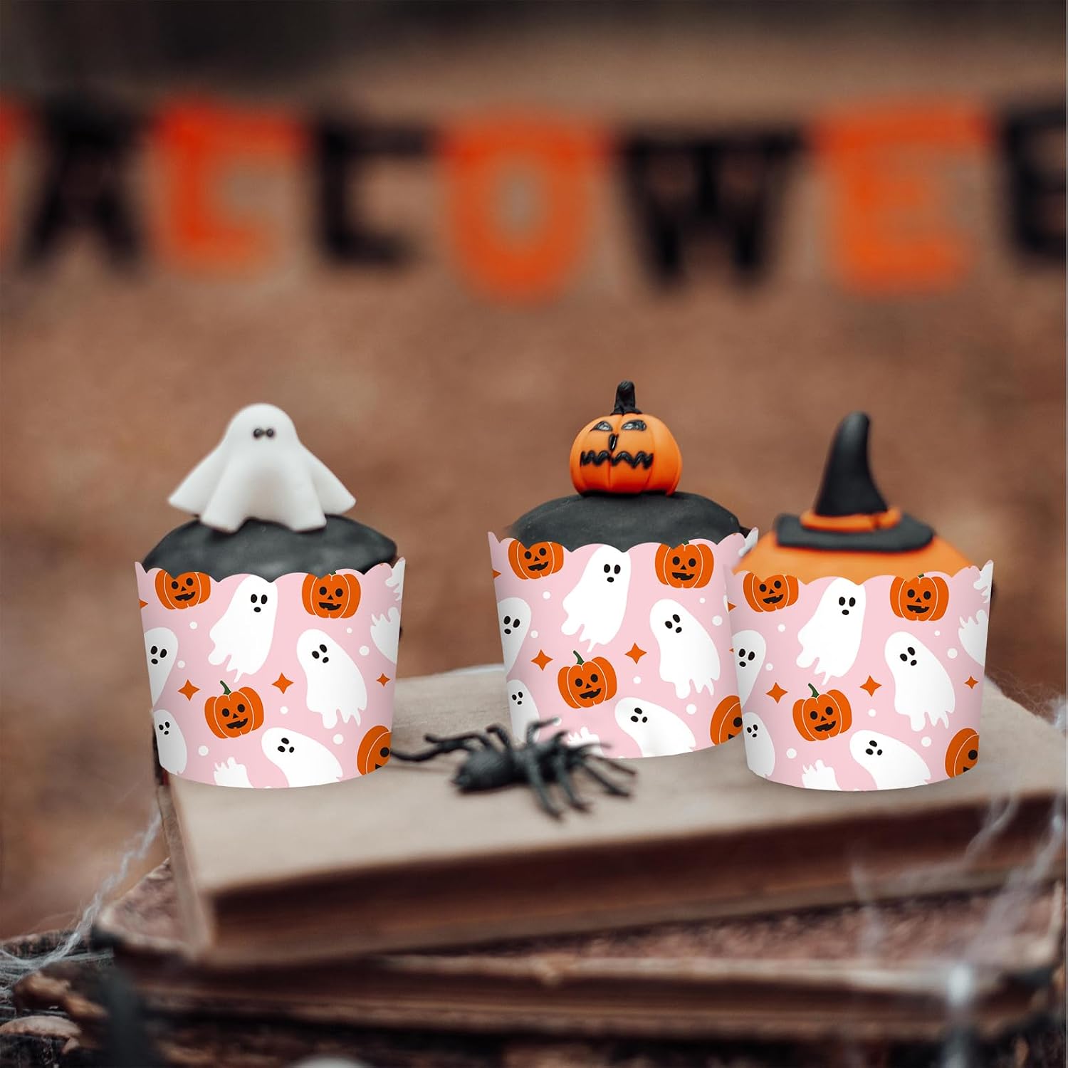 JarThenaAMCS 100Pcs Halloween Paper Baking Cups Pumpkin Ghost Cupcake Wrappers Orange Pink White Scalloped Edge Cupcake Muffin Cases for Halloween Dessert Decoration image 5