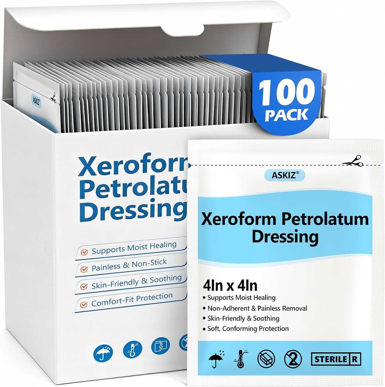 100Pack Medical Xeroform Petrolatum Dressing Patch,4″x4″Non-Adherent Gauze Pads,Soft Fine Mesh Gauze Patch for Wound Care,Burns,Lacerations,Skin Grafts & Surgical Incisions,Individual Packaged