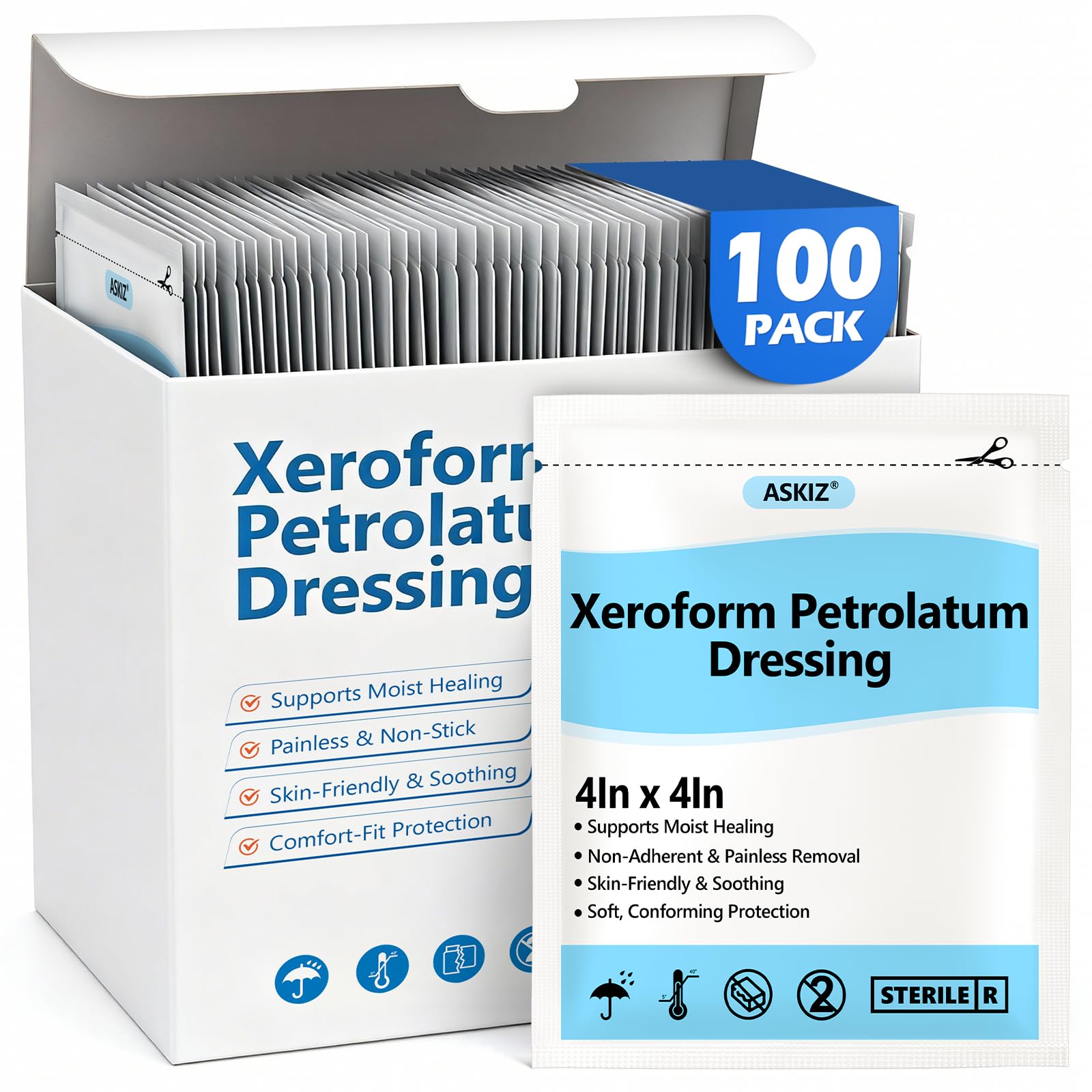 100Pack Medical Xeroform Petrolatum Dressing Patch,4"x4"Non-Adherent Gauze Pads,Soft Fine Mesh Gauze Patch for Wound Care,Burns,Lacerations,Skin Grafts &amp; Surgical Incisions,Individual Packaged