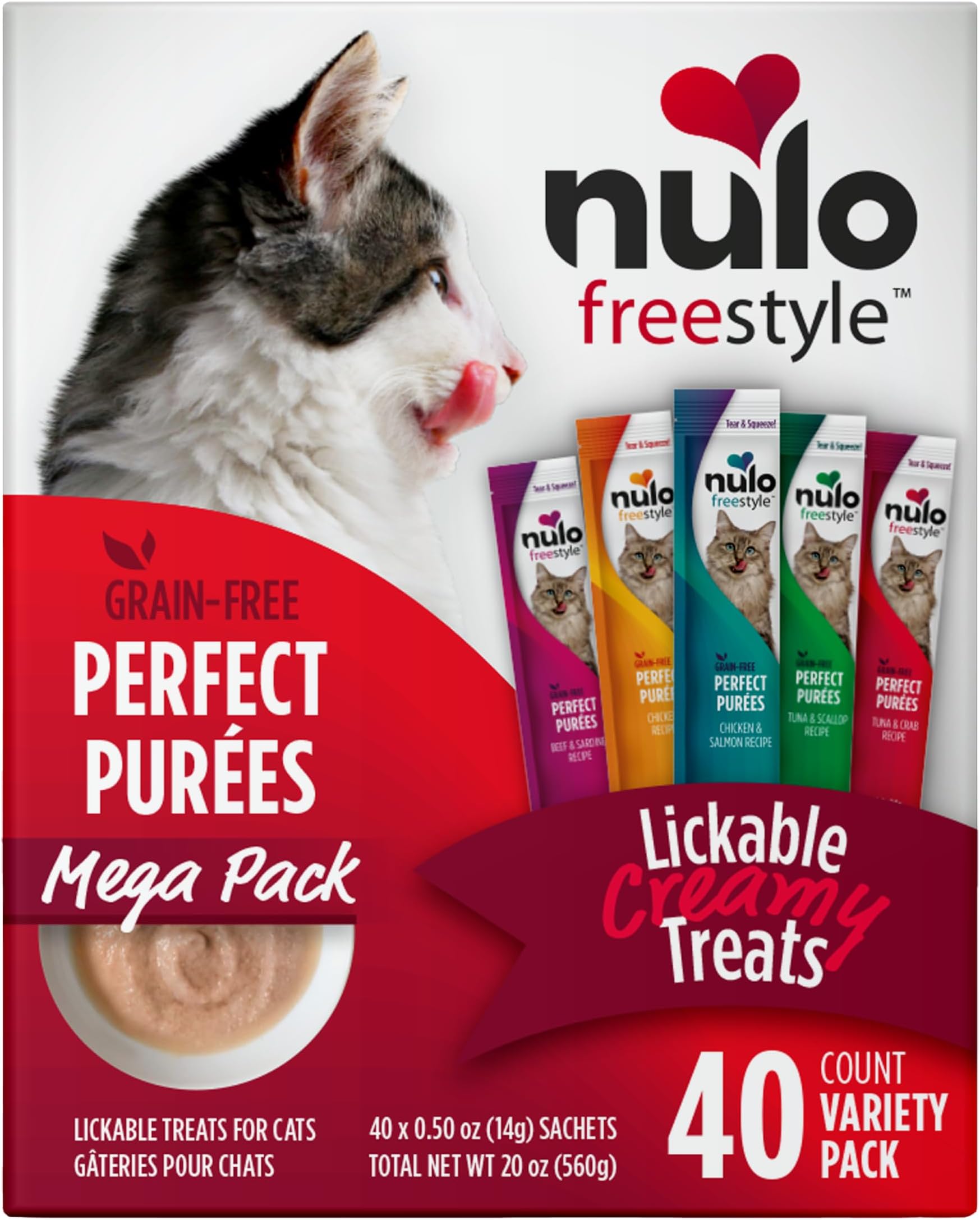 Freestyle Lickable Cat Treats - Perfect Purées Variety Pack, Squeezable Grain-Free Wet Cat Food Topper, High Moisture for Hydration, 40 x 0.5oz