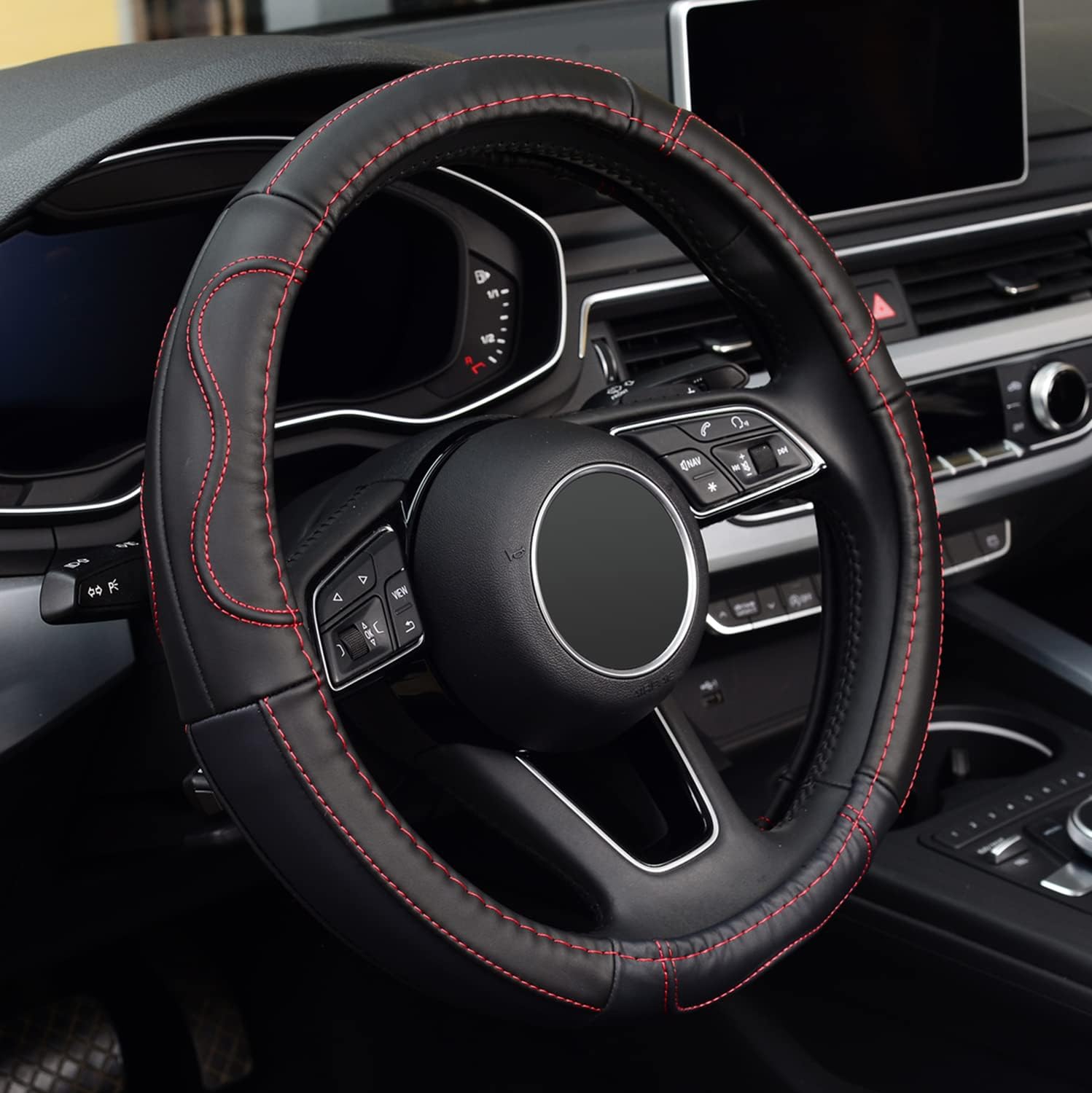 Universal 15 inch Microfiber Leather Auto Car Steering Wheel Cover, Black and Red