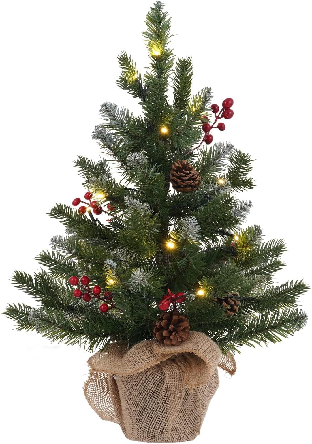MEETYAMOR 2 FT Mini Christmas Tree, 24" PE Prelit Small Artificial Tabletop Snow Flocked Christmas Trees Decor with 20 Lights Timer, Outdoor Indoor Porch Table Centerpieces Xmas Christmas Decorations