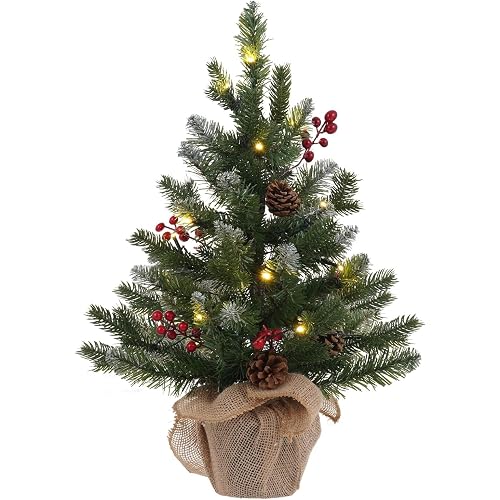 MEETYAMOR 2 FT Mini Christmas Tree, 24" PE Prelit Small Artificial Tabletop Snow Flocked Christmas Trees Decor with 20 Lights Timer, Outdoor Indoor Porch Table Centerpieces Xmas Christmas Decorations