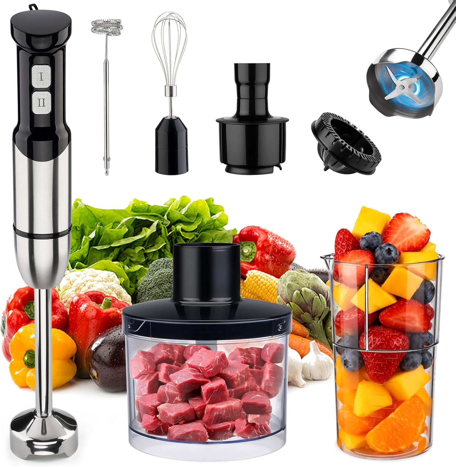 Immersion Blender 6 in 1 Hand Blender Max 1000W Heavy Duty Motor, 16 Speed & Turbo Mode Handheld Blenders Electric Sitck Blender with Beaker Chopper Milk Frother Frother Grinder