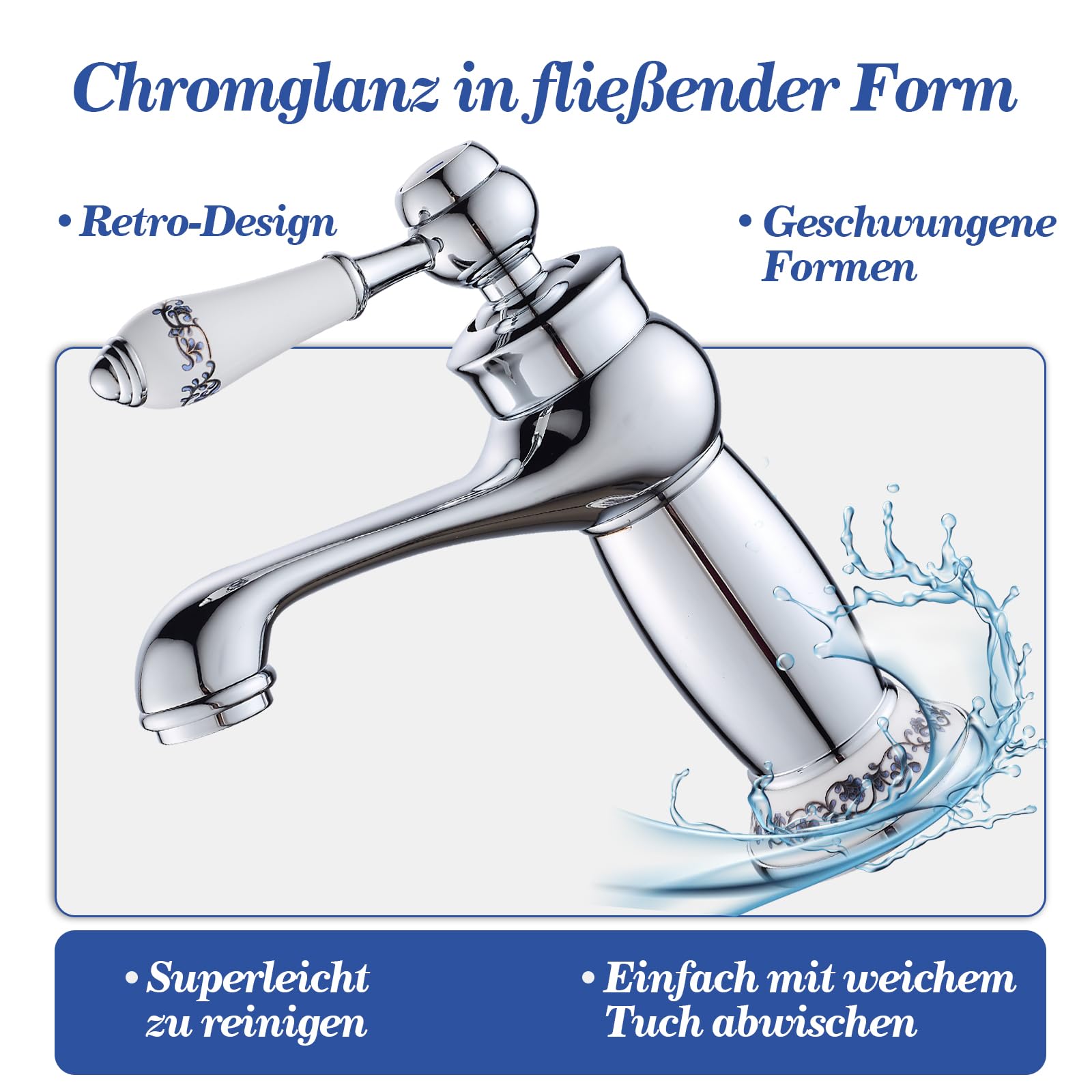Wasserhahn Bad Antik mit Keramikgriff, Messing Einhebel-Waschbeckenarmatur, Elegant Geschwungene Waschtisch Armatur, Chrom