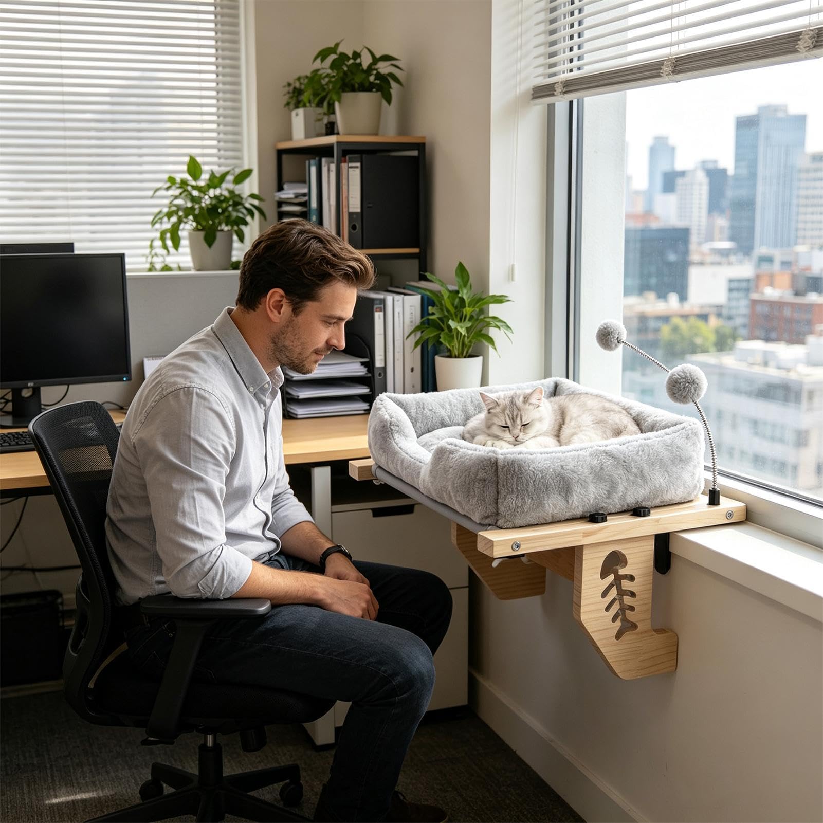 Hamaca para gatos para ventana con cojín de felpa y bola | Cojín de felpa para asiento de ventana de gato, para apartamento, interior, alféizar de ventana, cajón, armario, balcón