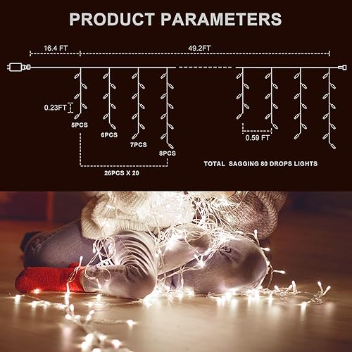 Miniatura 2 de Luces de Navidad de Carámbano para Exteriores, 520 LED 49.2 Pies 8 Modos con 80 Gotas Luces de Carámbano Blanco Frío, Control Remoto Luces de Hadas