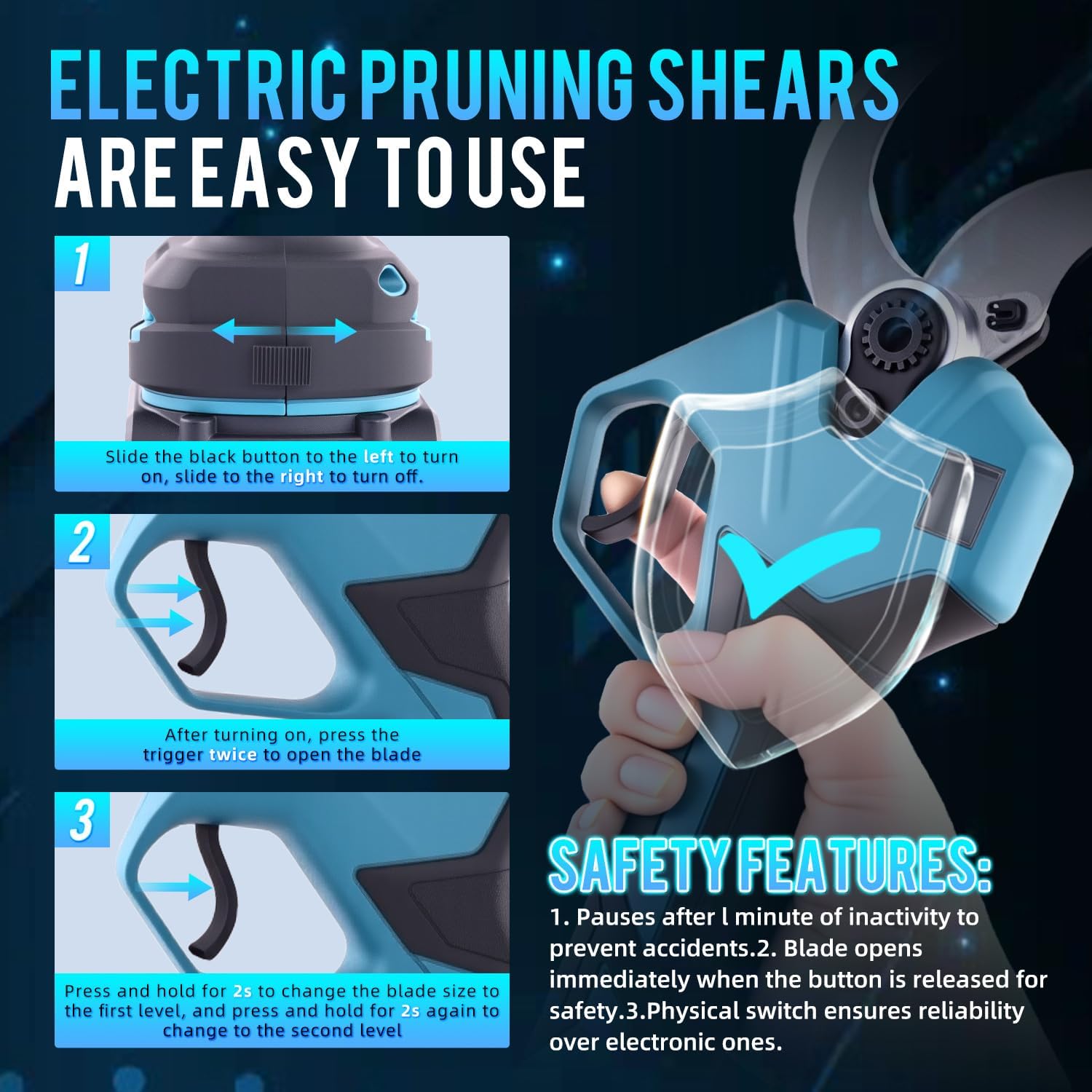 21V Brushless Electric Pruning Shears, 1.6-Inch Cutting Cordless Power Pruner with 2x2.0Ah Battery & 3 SK5 Blades, 2.4" Max Opening Garden Shears for Tree Trimming and Fruit Harvesting