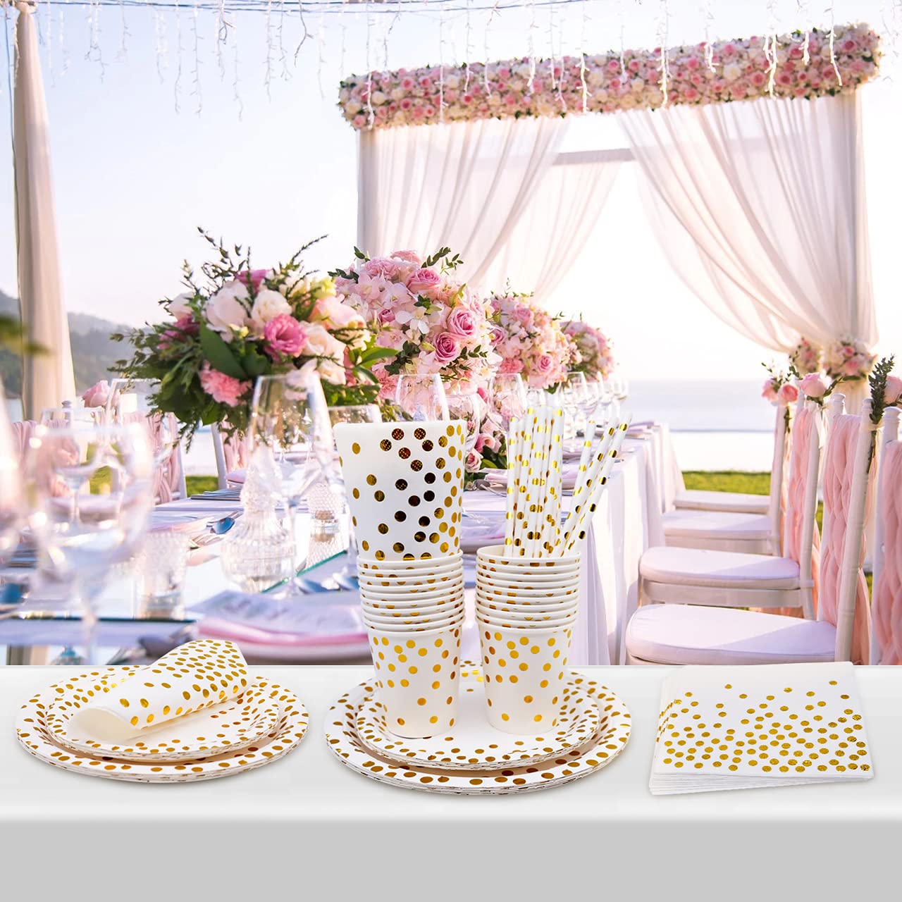 Vaisselle Jetable Blanc Et Or - 80 Pièces Pour 20 Invités - Assiettes, Serviettes, Pailles, Tasses