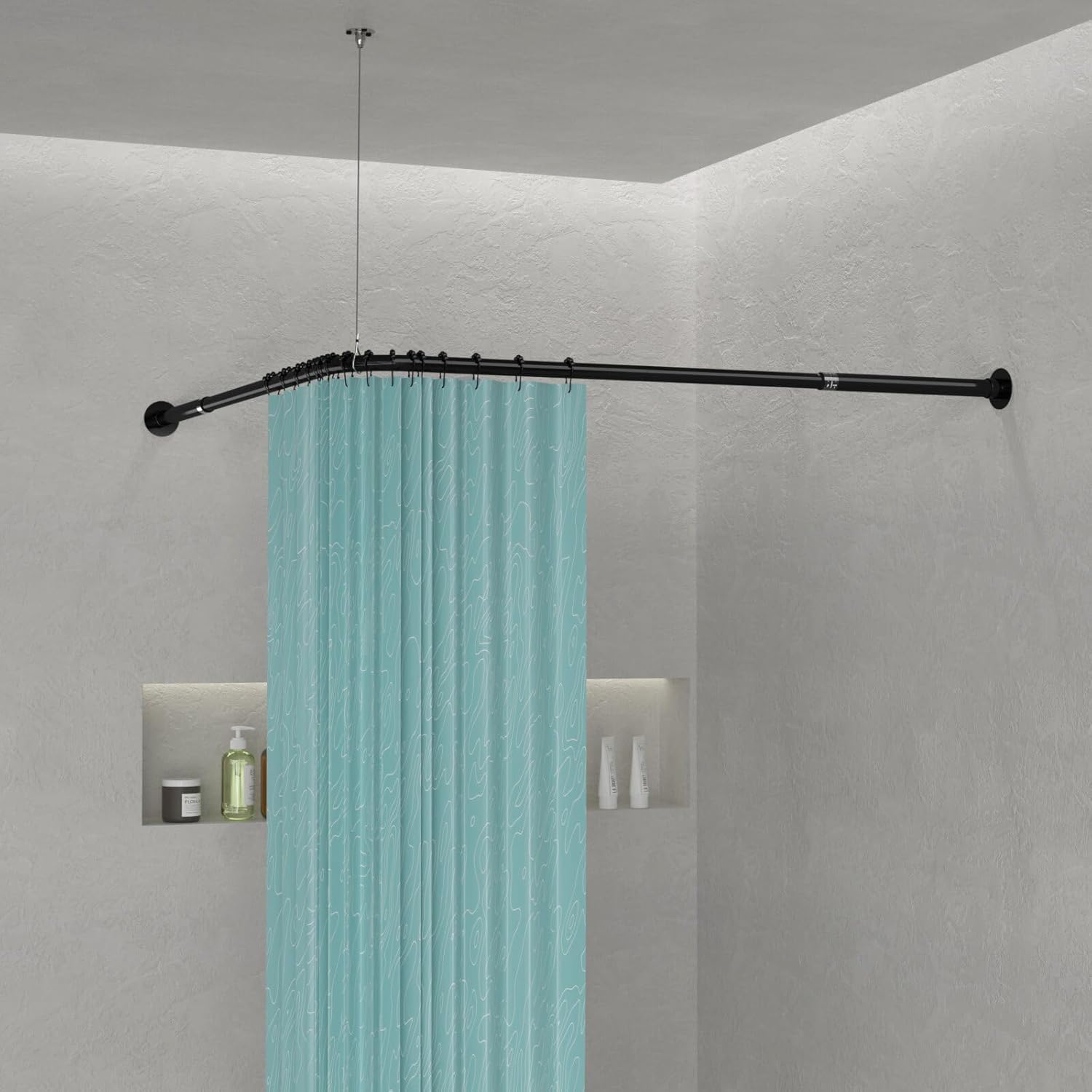Bastone Tenda Doccia a L, estensibile 62–94x141–174cm, Nero | Dimensioni standard, 16 anelli per tenda doccia, leggero stabile, foratura, soffitto opzionale., doccia/vasca.