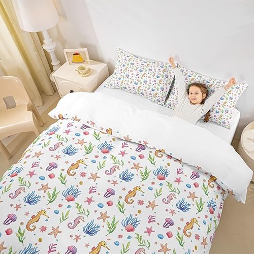 Miniatura 5 de Juego de funda de edredón de medusas para niños y niñas, juego de ropa de cama de caballito de mar para niños y niñas, juego de funda de edredón de