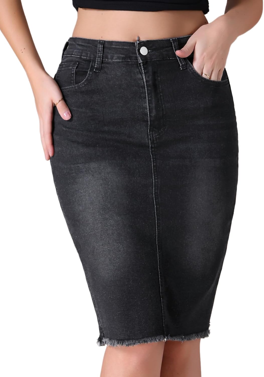 CIMUK Women's Denim Skirt High Waist Raw Hem Pockets Stretch Bodycon Pencil Skirt Knee Length Jean Skirts