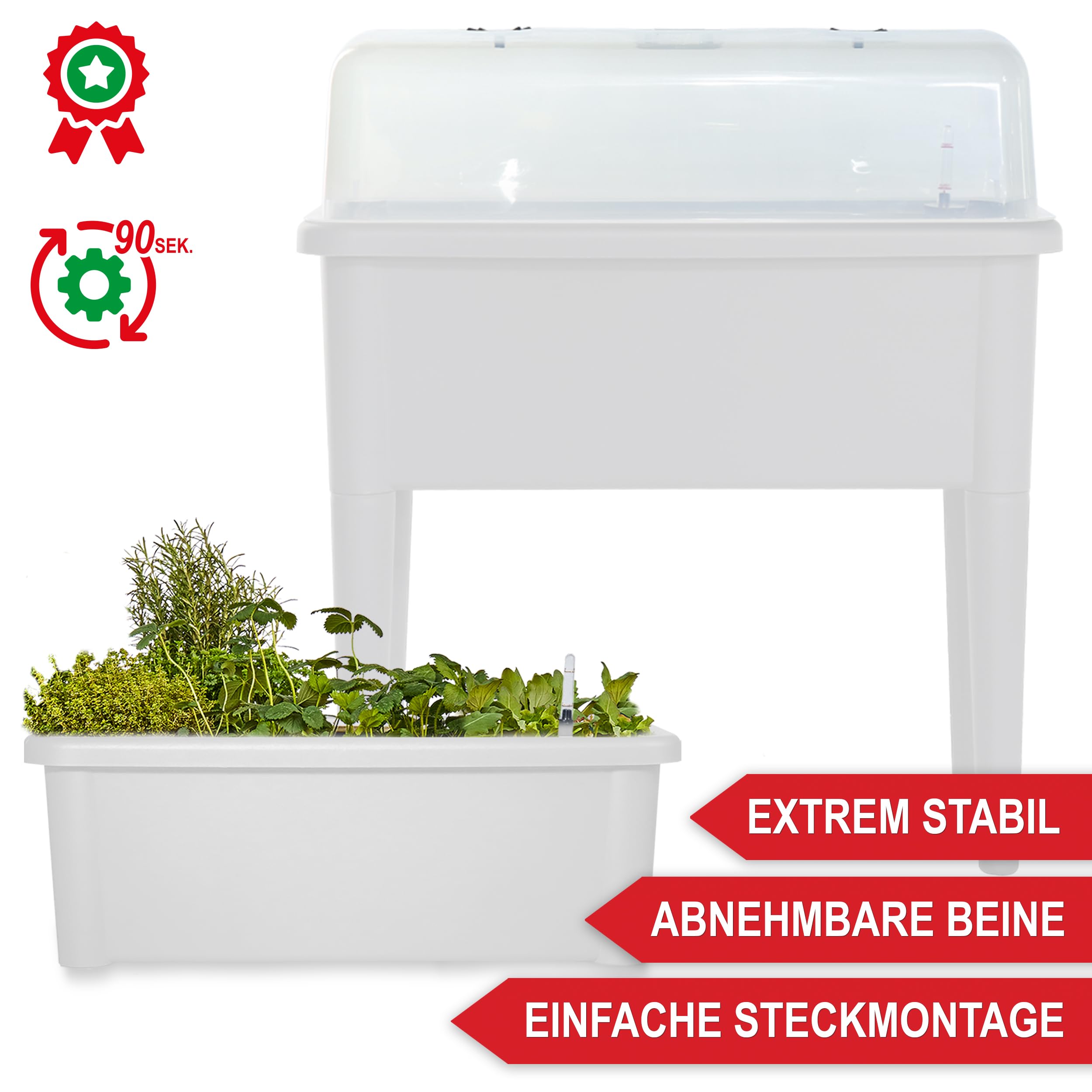 Onbest Hochbeet/Frühbeet – mit Abdeckhaube/Wasseranzeige – aus robustem Kunststoff – ideal für Garten/Terrasse/Balkon – Kräuterhochbeet zur Anzucht – Pflanzkasten inkl. Gartenwerkzeug (Weiß)