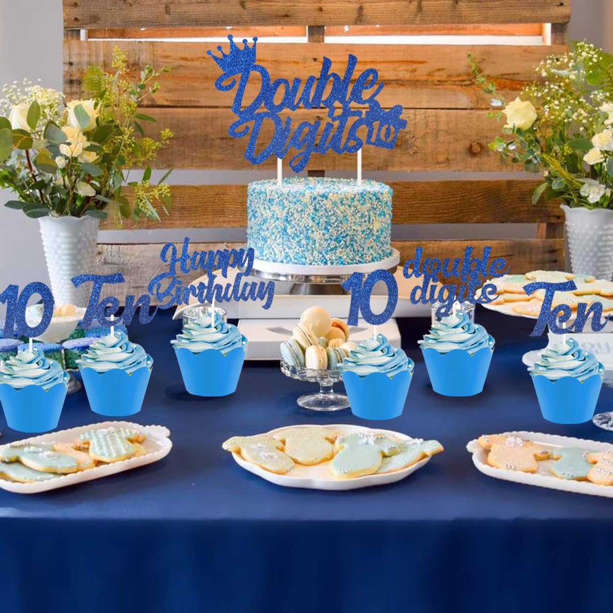 10th Birthday Cake Decorations Blue, Double Digits Cake & Cupcake Topper for Boys Tenth Birthday Party Decorations and Supplies, Cheer to 10 Years Birthday - Total 25 Pcs