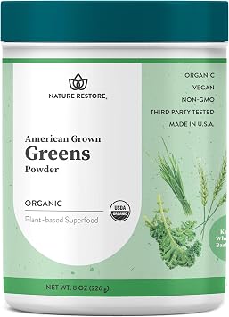 Greens Superfood Powder, USA Grown, Organic Kale, Barley Grass, Wheatgrass, Unsweetened, 8 Ounces, Made in USA