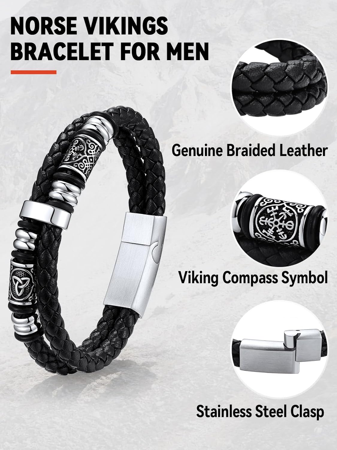 FaithHeart Viking Bracelet for Men, Mens Double-Row Braided Leather Bracelets with Stainless Steel Clasp Viking Compass Bangle Wristband Vintage Norse Mythology Jewelry Gifts for Men with Box - Image 5