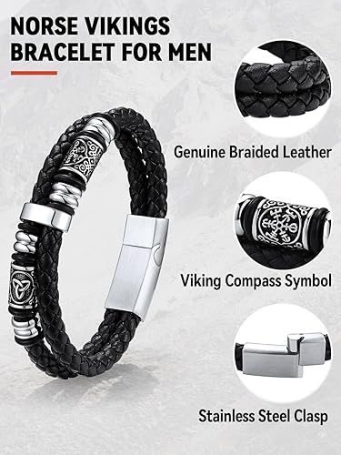 Miniatura 5 de FaithHeart Pulsera vikinga para hombre, pulsera de cuero trenzado de doble fila con cierre de acero inoxidable, brújula vikinga, pulsera vintage de