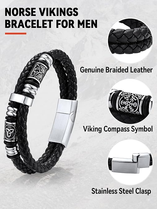 FaithHeart Viking Bracelet for Men, Mens Double-Row Braided Leather Bracelets with Stainless Steel Clasp Viking Compass Bangle Wristband Vintage Norse Mythology Jewelry Gifts for Men with Box