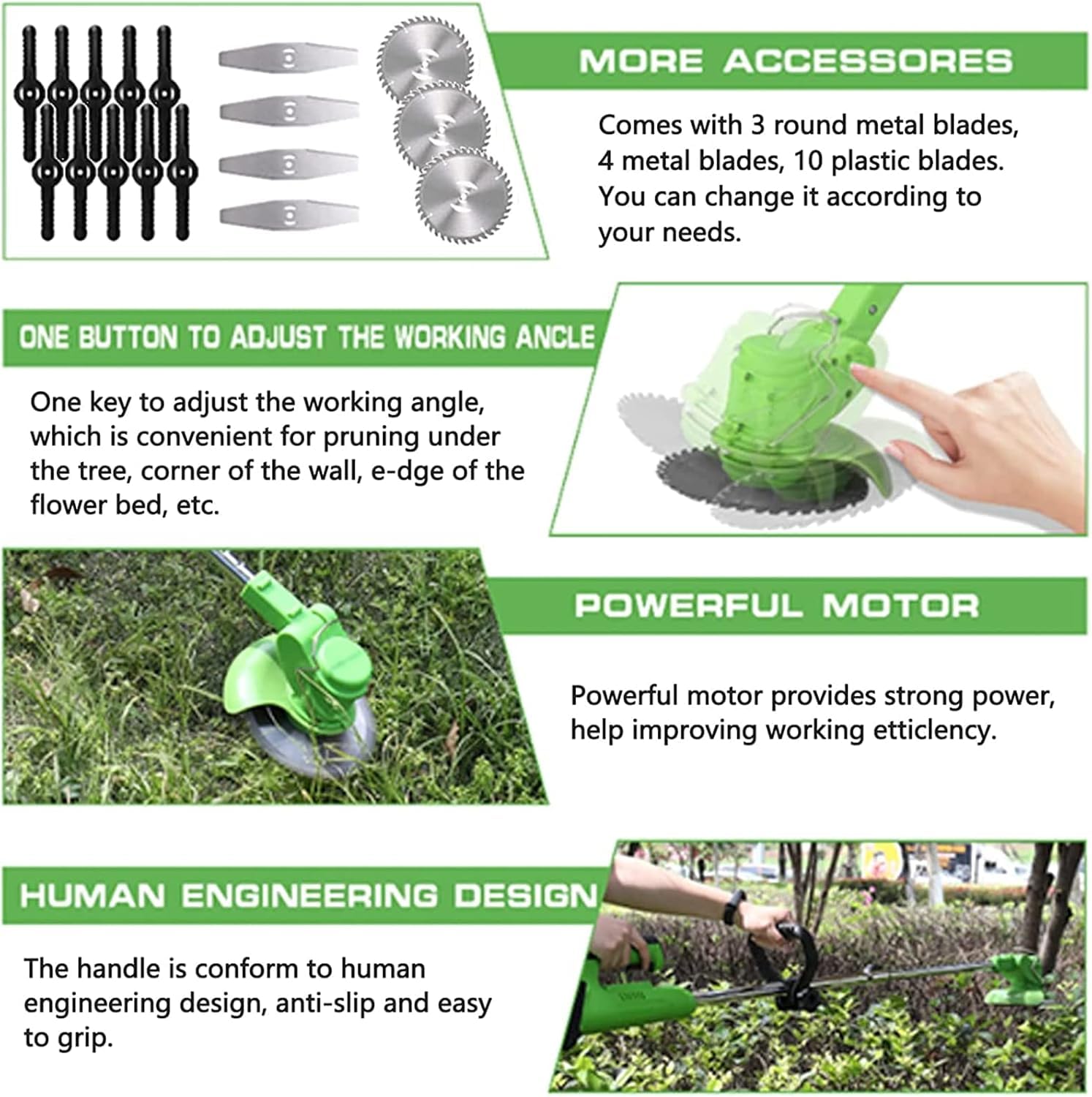 Decespugliatore elettrico da giardino, 21 V, senza fili, portatile, con 2 batterie e 3 tipi di lame, per cortile e giardino