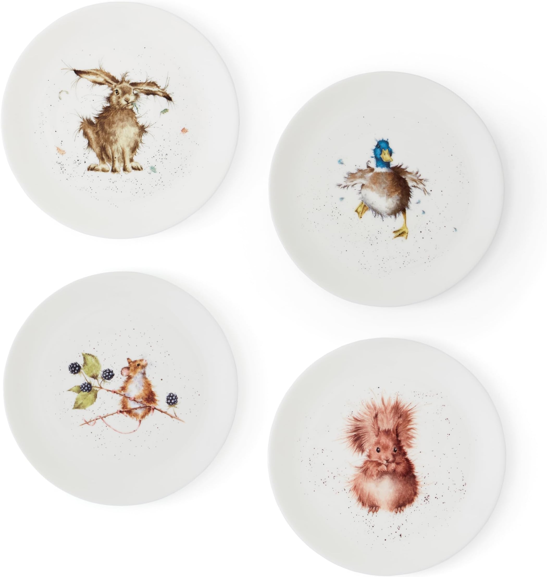 x Wrendale Designs Set of 4 Assorted Coupe Plates with Charming Animal Designs by Hannah Dale, Fine Bone China White Plates, Suitable for Everyday Dining or Picnics, 20cm