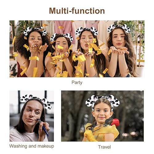 Miniatura 5 de Diadema de orejas de perro dálmata Paquete de 4 diademas de orejas de cachorro, diadema esponjosa para adultos, disfraz de dálmata para maquillaje,