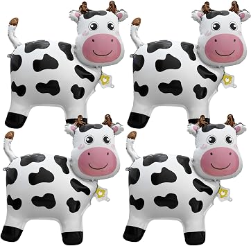 4Pcs Cow Print Balloons, Barnyard Farm Animal Theme Party Decorations with Cow Shaped Foil Balloons for Birthday, Western or Barnyard Party Supplies