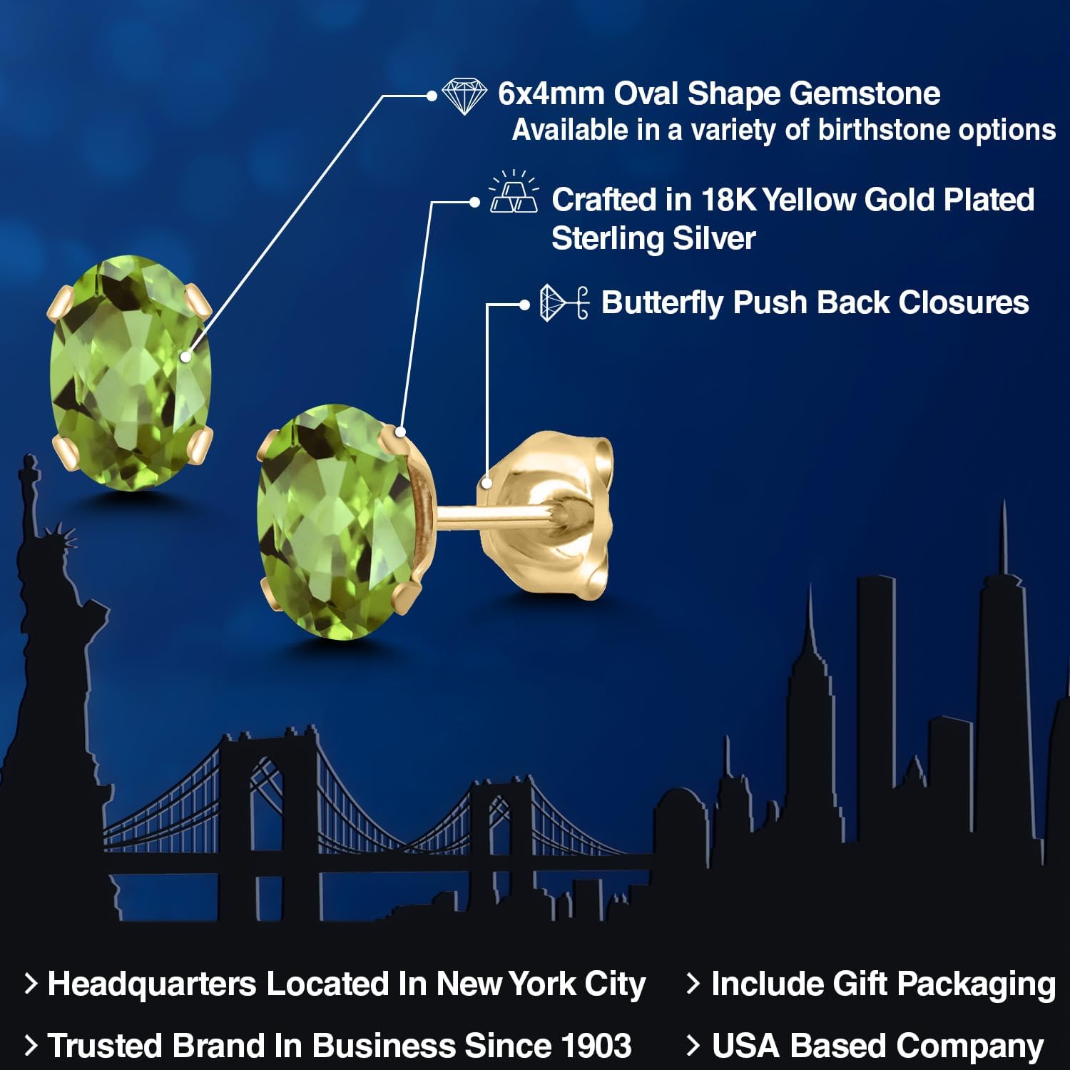 Gem Stone King 18K Yellow Gold Plated Silver Green Peridot Stud Earrings For Women Men | 1.00 Cttw | Gemstone August Birthstone | Oval 6X4MM