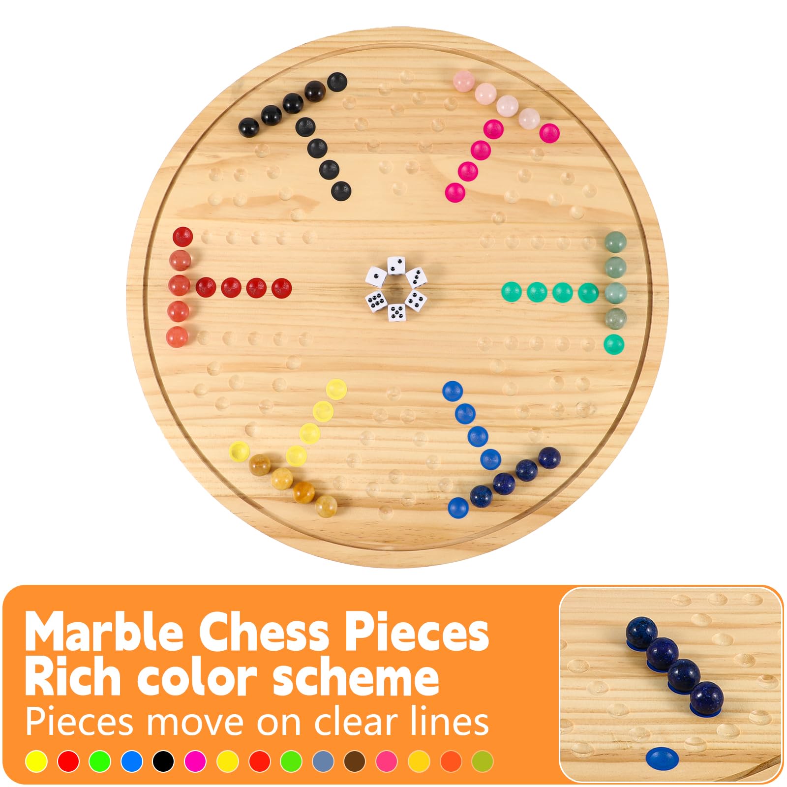 Juego de mesa de mármol Wahoo de doble cara, juego familiar de madera maciza para 4 a 6 jugadores con 24 piezas de mármol natural, 6 dados y revestimiento impermeable, juego de estrategia de madera de