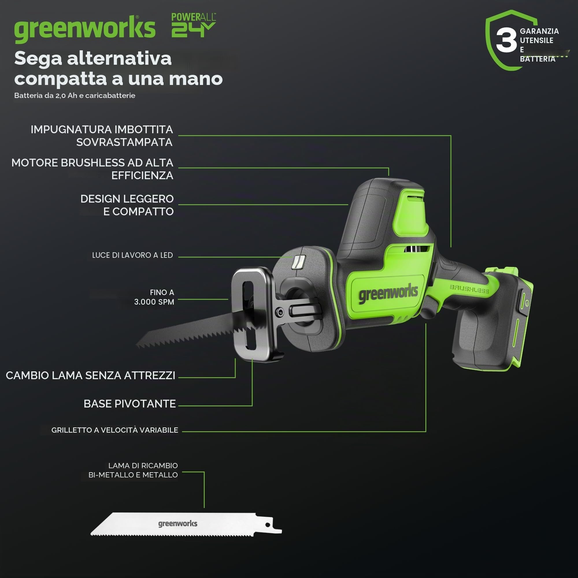 Greenworks Sega a batteria da 24 V e sega universale a batteria, altezza di sollevamento 26 mm, brushless, con lama per sega, batteria da 2 Ah e caricatore