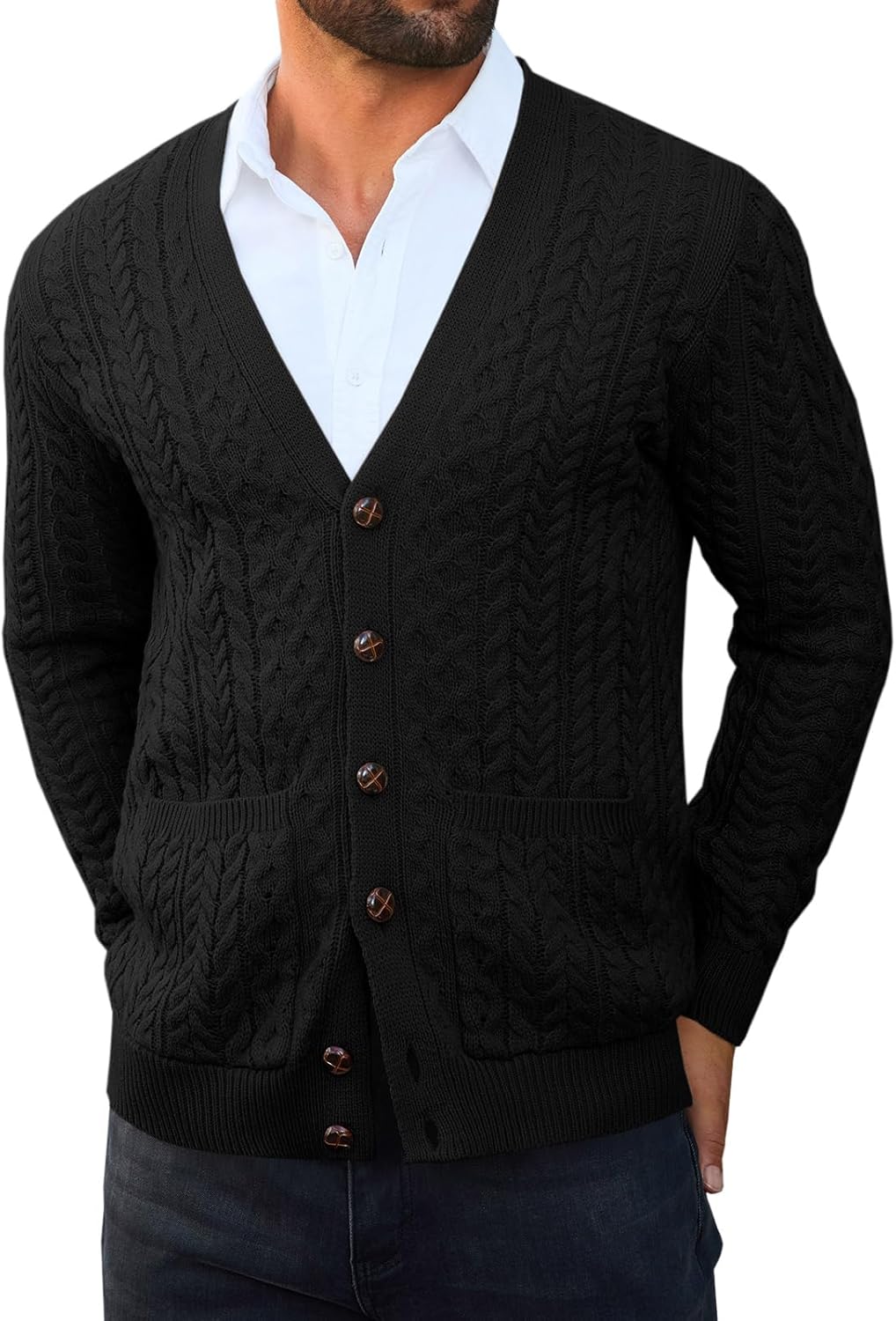 Runcati Mens Cardigan Sweater Casual Cable Knitted V Neck Button Down Winter Sweaters