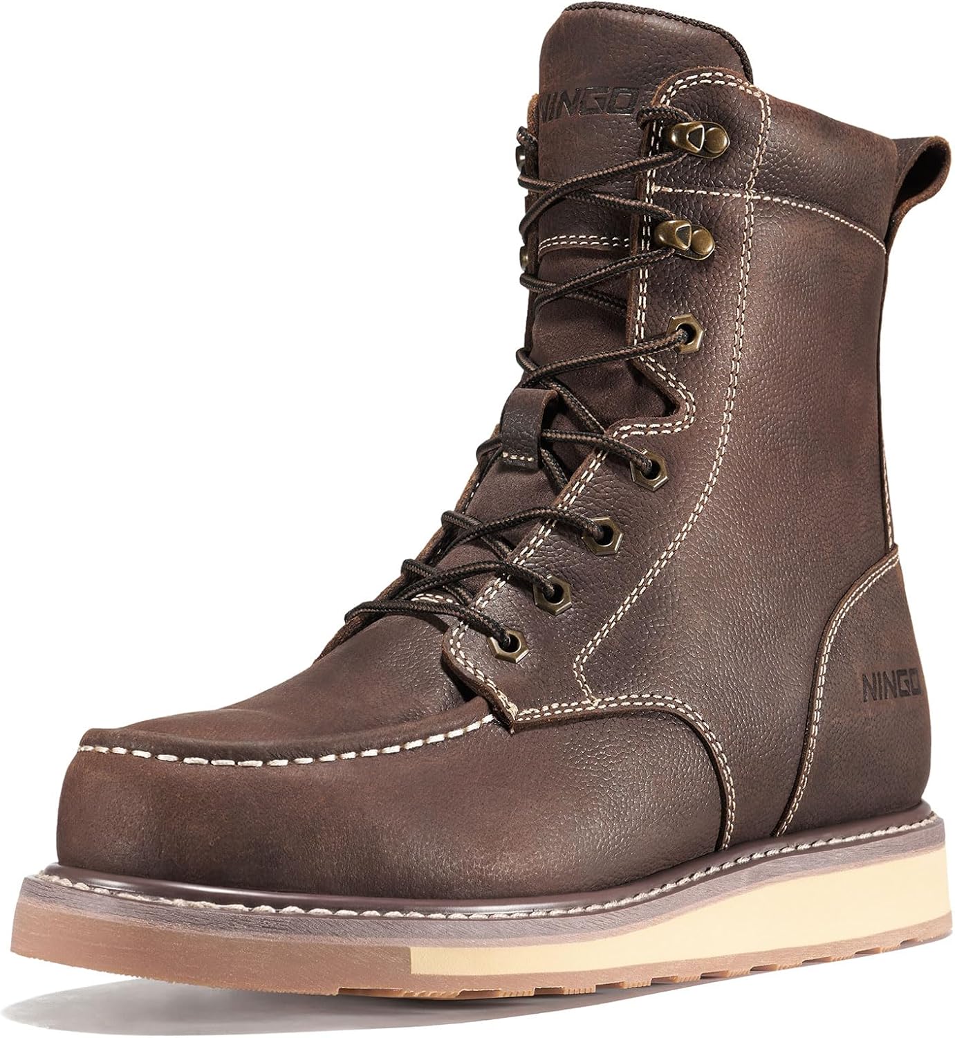 NINGO Steel Toe Work Boots for Men, 8 Inches Waterproof Moc Toe Construction Boots, Goodyear Welt Non Slip Wedge Outsole, Full-Grain Leather EH Rated Mens Safety Work Shoes, for Industrial, Welding